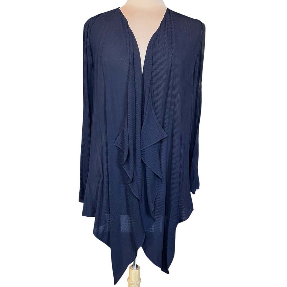 Eileen Fisher 100% Silk Crinkle Open Front Draped Cardigan Navy Blue Women’s L